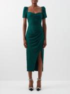 Self-portrait - Sweetheart-neckline Ruched Twill Midi Dress - Womens - Dark Green