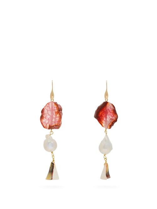 Matchesfashion.com Carolina Herrera - Stone & Pearl Drop Earrings - Womens - Orange