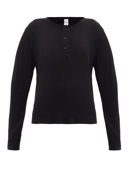 Matchesfashion.com Re/done Originals - Waffle-knit Cotton-jersey Henley Top - Womens - Black