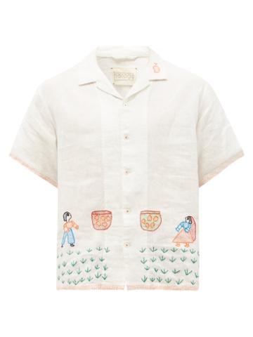 Harago - Mango Picker Sujani-embroidered Linen-khadi Shirt - Mens - White