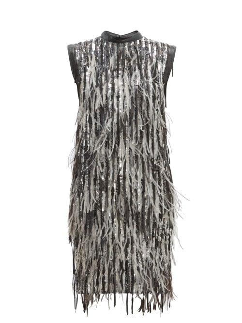 Matchesfashion.com William Vintage - Christian Dior Sequin And Feather Shift Dress - Womens - Silver