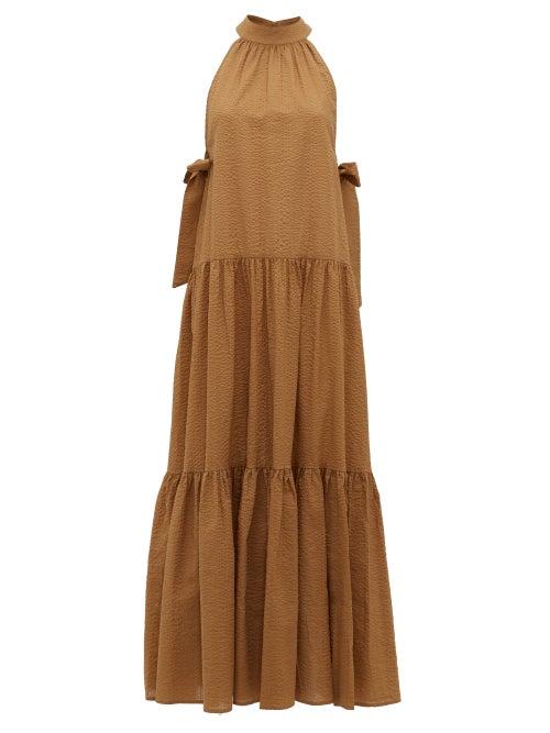 Matchesfashion.com Marysia - Molluscs High-neck Cotton-seersucker Dress - Womens - Brown