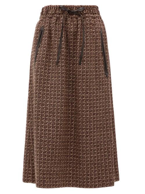 Matchesfashion.com Gucci - Leather-drawstring G-jacquard Midi Skirt - Womens - Brown