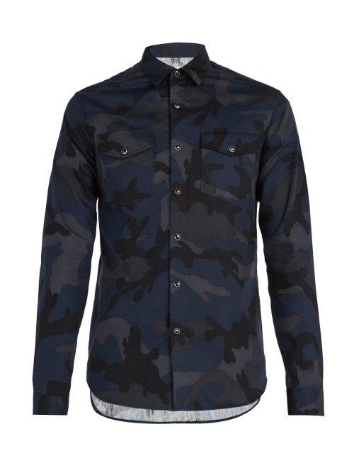 Matchesfashion.com Valentino - Camouflage Print Cotton Shirt - Mens - Navy