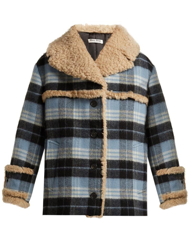 Miu Miu Plaid Wool-blend And Shearling Coat