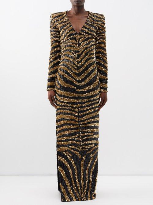 Balmain - Side-slit Zebra-print Sequinned Gown - Womens - 01bk
