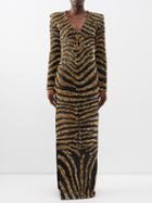Balmain - Side-slit Zebra-print Sequinned Gown - Womens - 01bk