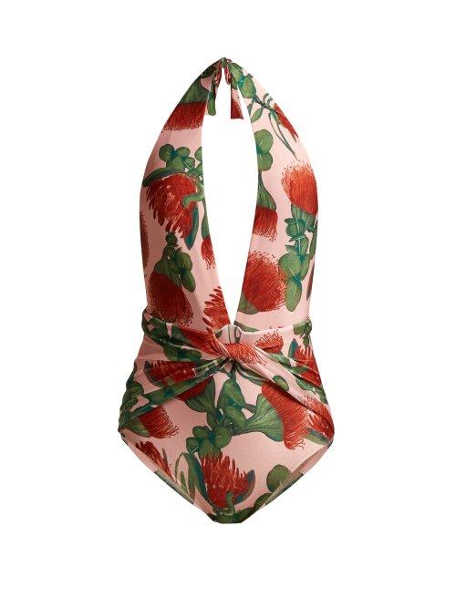 Matchesfashion.com Adriana Degreas - Fiore Twisted Halterneck Swimsuit - Womens - Pink Print