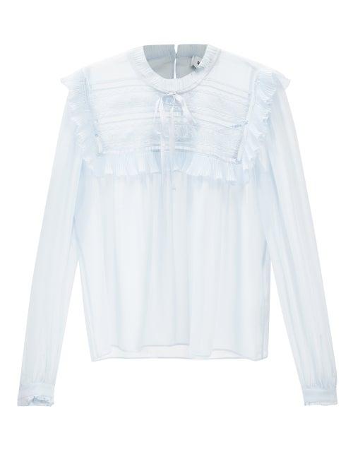 Self-portrait - Ruffled Chiffon Blouse - Womens - Light Blue