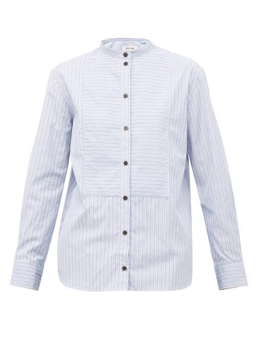 Matchesfashion.com Cefinn - Mandarin Collar Striped Cotton Poplin Shirt - Womens - Blue White