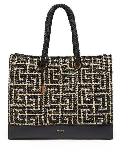 Balmain - Monogram Leather-trim Woven Tote Bag - Womens - Black And White