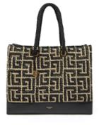 Balmain - Monogram Leather-trim Woven Tote Bag - Womens - Black And White