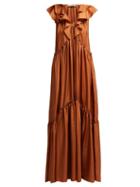 Matchesfashion.com Three Graces London - Wilhemina Ruffle Trimmed Silk Maxi Dress - Womens - Light Brown