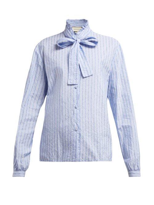 Matchesfashion.com Gucci - Pussy Bow Striped Logo Jacquard Cotton Shirt - Womens - Blue Print