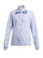 Matchesfashion.com Gucci - Pussy Bow Striped Logo Jacquard Cotton Shirt - Womens - Blue Print