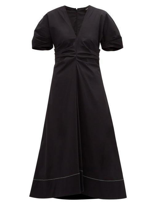 Matchesfashion.com Proenza Schouler - Gathered Cotton Blend Midi Dress - Womens - Black
