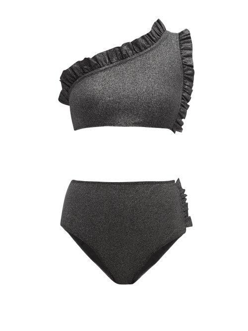 Matchesfashion.com Leslie Amon - Tamini Asymmetric Metallic Bikini - Womens - Black