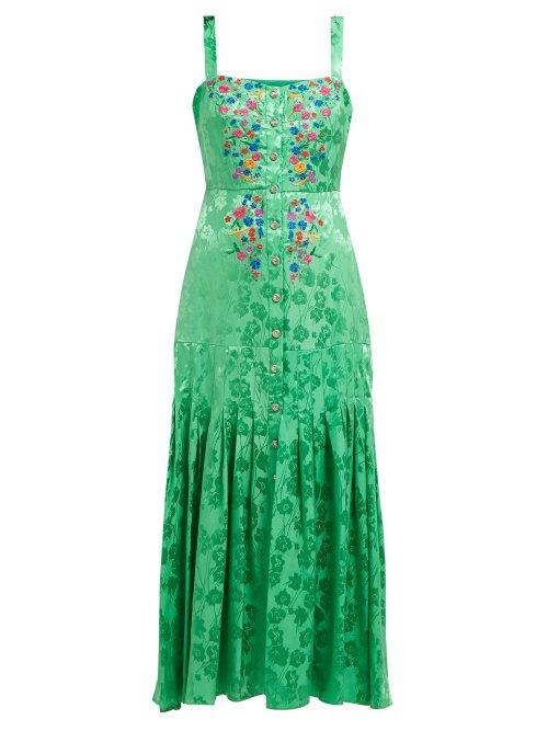 Matchesfashion.com Saloni - Karen Floral Jacquard Silk Midi Dress - Womens - Green Multi