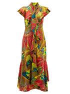 Matchesfashion.com Peter Pilotto - Tropical Print Silk Blend Cloqu Midi Dress - Womens - Green Multi