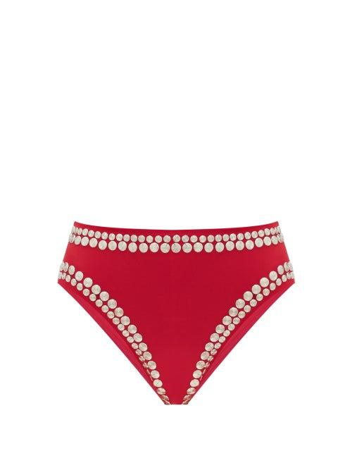 Matchesfashion.com Norma Kamali - Stud-embellished High-cut Bikini Briefs - Womens - Dark Red