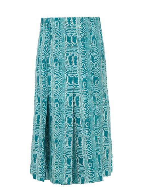 Matchesfashion.com Marni - Belted Moir-print Silk-twill Midi Skirt - Womens - Green Multi