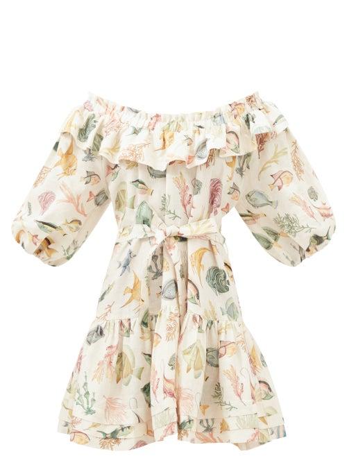 Ale Mais - Wanda Aquatic-print Flax-voile Mini Dress - Womens - Ivory Multi