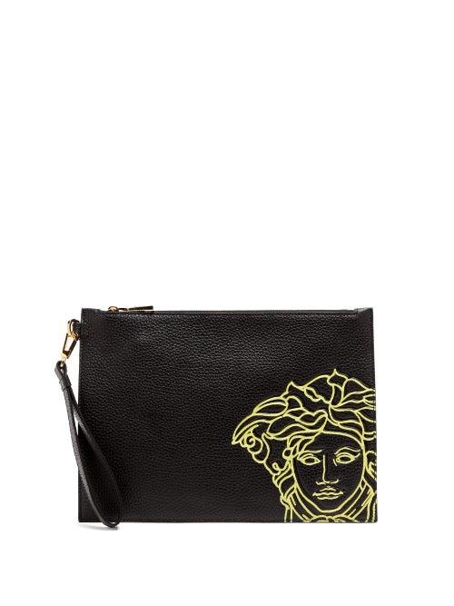 Matchesfashion.com Versace - Medusa-print Grained-leather Pouch - Mens - Black