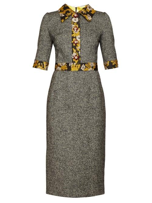 Matchesfashion.com Dolce & Gabbana - Brocade Trimmed Tweed Shift Dress - Womens - Grey Multi