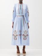 Lug Von Siga - Florence Belted Embroidered-cotton Midi Dress - Womens - Blue Multi