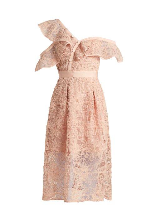 Matchesfashion.com Self-portrait - Asymmetric Floral Lace Midi Dress - Womens - Light Pink