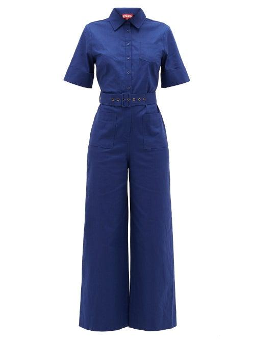 Matchesfashion.com Staud - Zavey Belted Linen-blend Canvas Jumpsuit - Womens - Blue