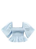Rhode - Elena Shirred Cotton-poplin Top - Womens - Light Blue