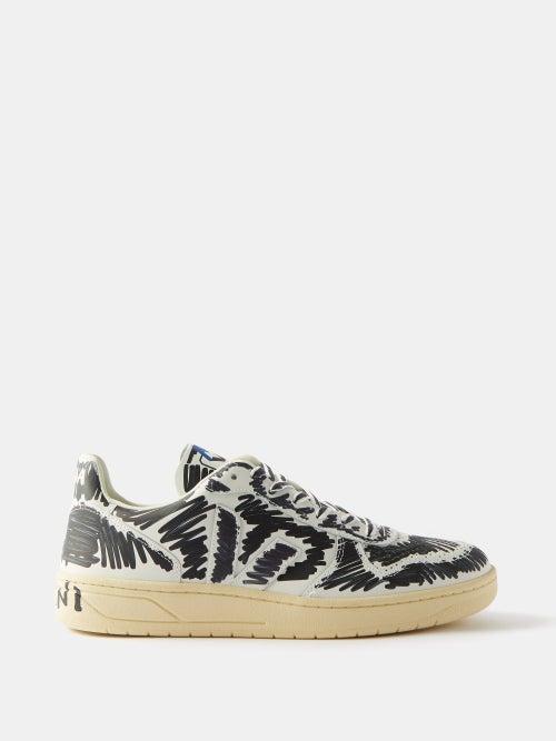 Marni X Veja - V-10 Scribble-print Leather Trainers - Mens - Black White