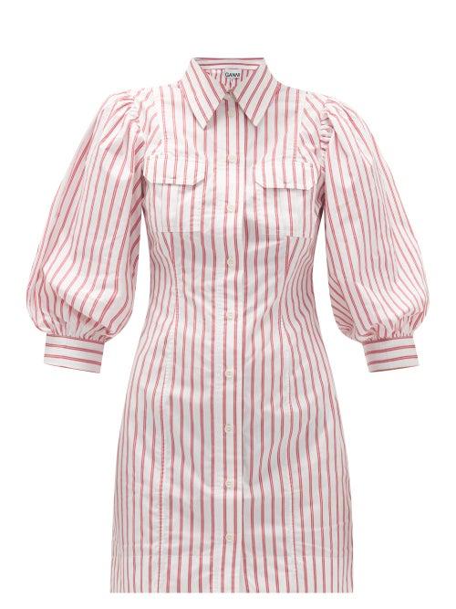 Matchesfashion.com Ganni - Balloon-sleeve Striped Cotton-oplin Mini Dress - Womens - Red White