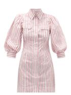 Matchesfashion.com Ganni - Balloon-sleeve Striped Cotton-oplin Mini Dress - Womens - Red White