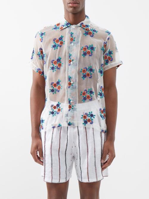 Bode - Short-sleeved Floral-embroidered Silk Shirt - Mens - Multi