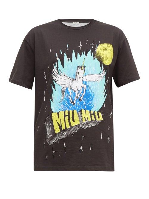 Matchesfashion.com Miu Miu - Unicorn Print Washed Cotton T Shirt - Womens - Black Multi