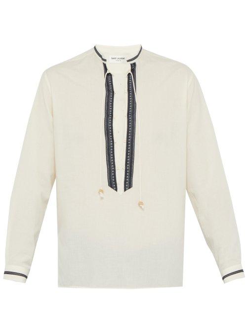 Matchesfashion.com Saint Laurent - Lace Up Cotton Blend Shirt - Mens - Cream
