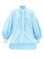 Matchesfashion.com Msgm - Oversized Ruffle-edged Cotton-poplin Shirt - Womens - Light Blue