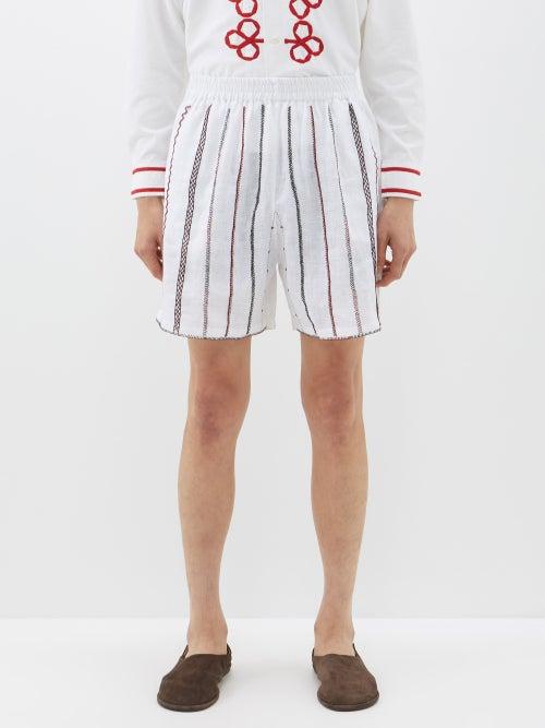 Harago - Kutch Embroidered-stripe Linen Shorts - Mens - White Multi