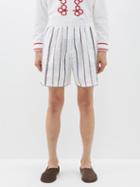 Harago - Kutch Embroidered-stripe Linen Shorts - Mens - White Multi