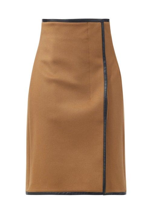 Matchesfashion.com Saint Laurent - Leather-trimmed Wool-blend Midi Skirt - Womens - Brown Multi