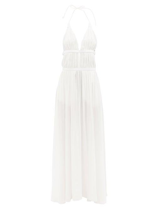 Loewe Paula's Ibiza - Leather-trimmed Gathered Halterneck Maxi Dress - Womens - White