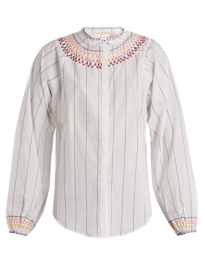 Bliss And Mischief Smocked Pinstriped Cotton Blouse