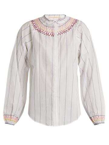 Bliss And Mischief Smocked Pinstriped Cotton Blouse