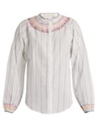 Bliss And Mischief Smocked Pinstriped Cotton Blouse