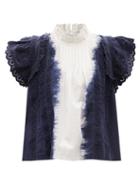 Ladies Rtw Sea - Everlyn Ruffled Tie-dye Cotton-poplin Blouse - Womens - Navy Print