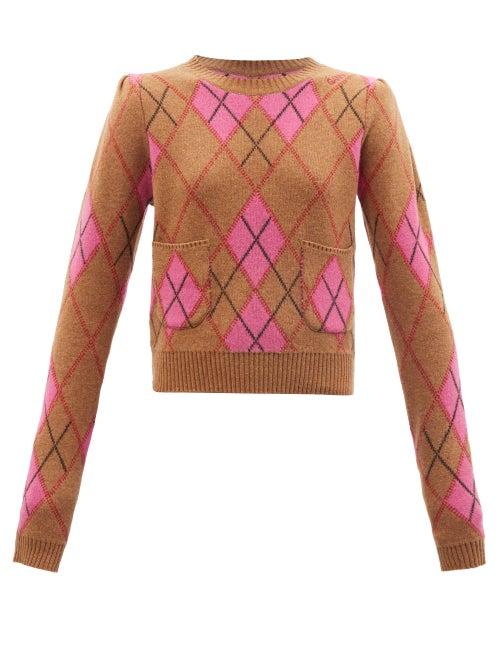 Ganni - Logo-embroidered Harlequin-jacquard Sweater - Womens - Pink Multi