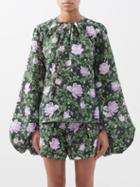 Agua By Agua Bendita - Carmesi Balloon-sleeve Printed Linen Blouse - Womens - Green Print