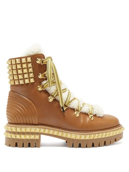Matchesfashion.com Christian Louboutin - Yeti Donna Faux Fur Trim Studded Leather Boots - Womens - Tan